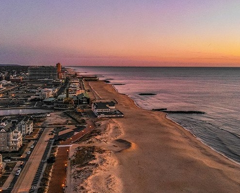 Aerial sunset view of Jersey Shore coastline near Latitude Suites