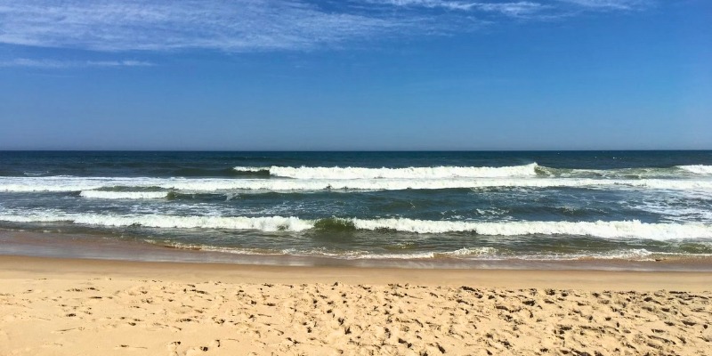A scenic view of waves crashing on the sandy shore at Island Beach State Park, Jersey Shore.