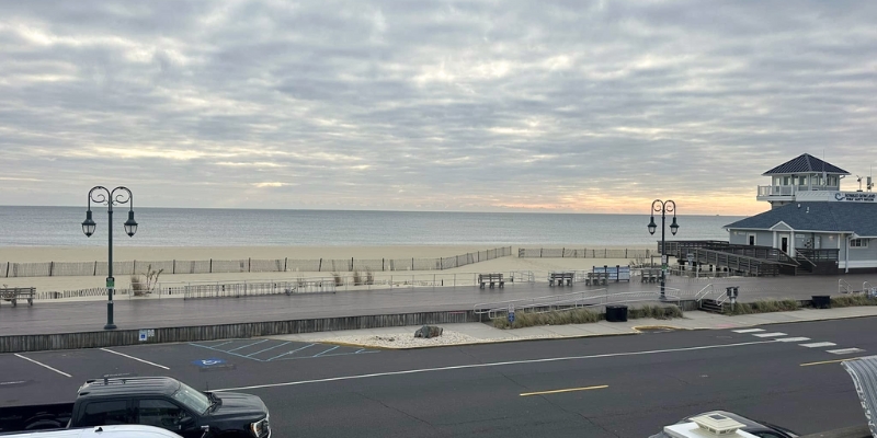 A panoramic view of the ocean from a building, showcasing Belmar Beach near Asbury Park.