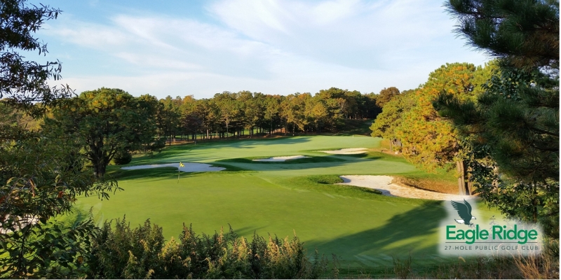 A panoramic shot of Eagle Ridge Golf Club, highlighting its beautiful greens and serene surroundings at the Jersey Shore.