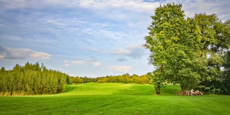 A panoramic shot of Shark River Golf Course, highlighting trees and sand bunkers on the well-maintained greens.