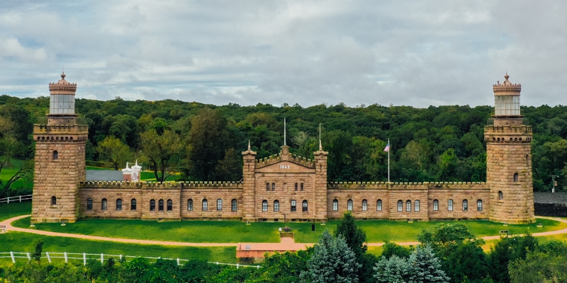 The stone castle on a hill at Twin Lights Historic Site, near Tinton Falls, NJ, highlighting its historical and scenic appeal.