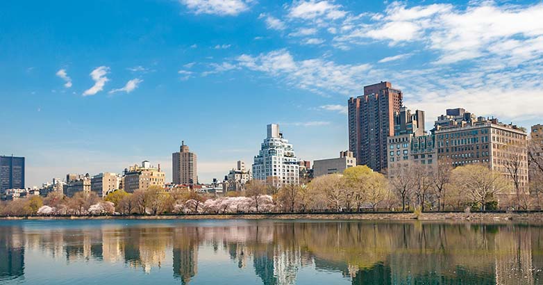 Peaceful view of buildings, trees, and calm water in New Jersey under a clear sky.
