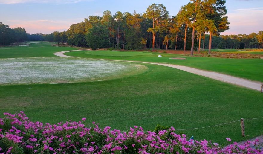 A scenic view of Quail Ridge Golf Club featuring a golf course adorned with purple flowers and lush trees.