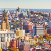 Aerial view of NYC skyline with attractions near Monmouth University