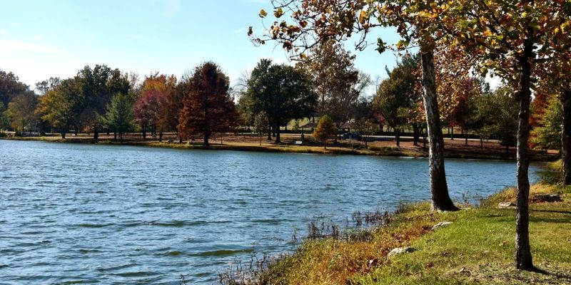 A serene lake surrounded by lush trees and grass at Franklin Lake Park, near Monmouth University.