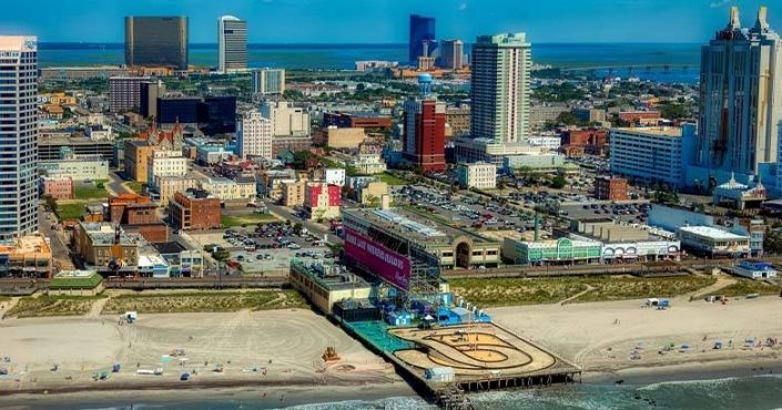 View of Atlantic City, New Jersey coastal resort area near Absecon, with buildings along the shoreline.