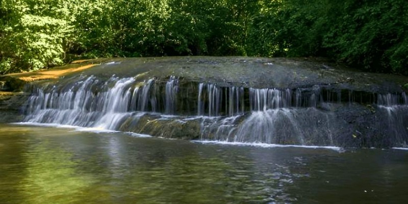A vibrant waterfall cascading through the jungle, representing a picturesque August scene at Tinton Avenue, New Jersey.
