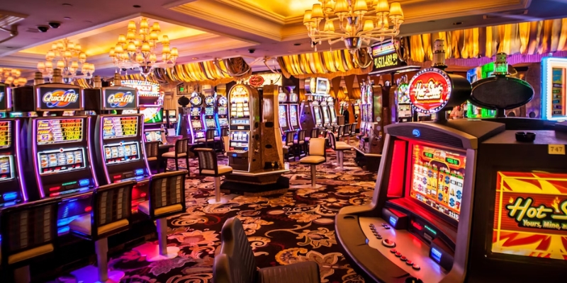 A bustling casino space showcasing various slot machines and dazzling lights at the Hard Rock Hotel & Casino in Jersey Shore.