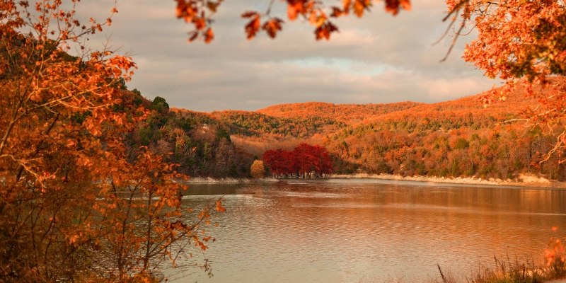 Vibrant autumn landscape in New Jersey featuring a serene lake surrounded by colorful fall foliage trees.