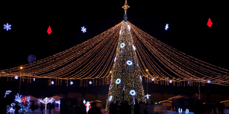 A large Christmas tree adorned with colorful lights, illuminated during the Christmas Jersey Shore tree lighting ceremony.