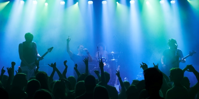 A lively concert scene with a group of people raising their hands in excitement, enjoying nightlife at the Jersey Shore.