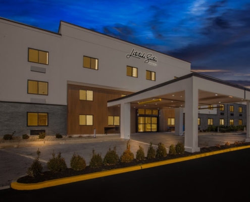Evening view of Latitude Suites, situated close to Two River Theater in Red Bank.