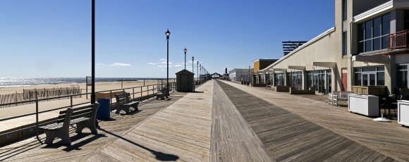 Scenic wooden boardwalk with seating near PNC Bank Arts Center, Holmdel NJ