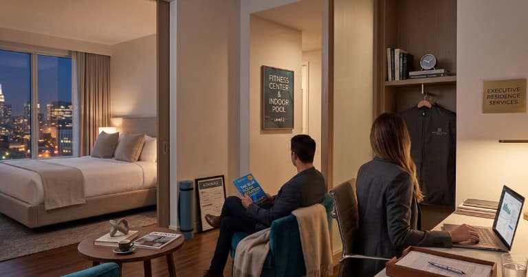 Couple relaxing and working in a modern executive hotel suite with city views