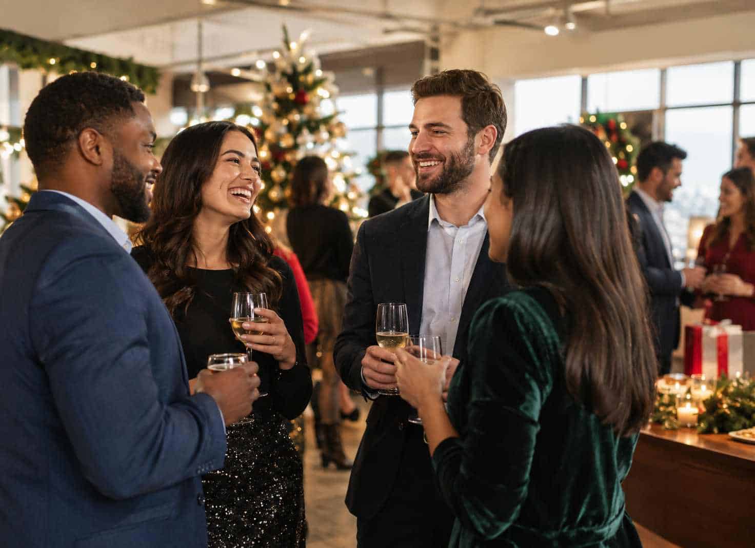 Smiling colleagues holding wine glasses and chatting at an office holiday party with Christmas trees.