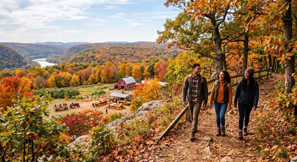 Three people hike a trail overlooking a colorful autumn valley and a red barn.